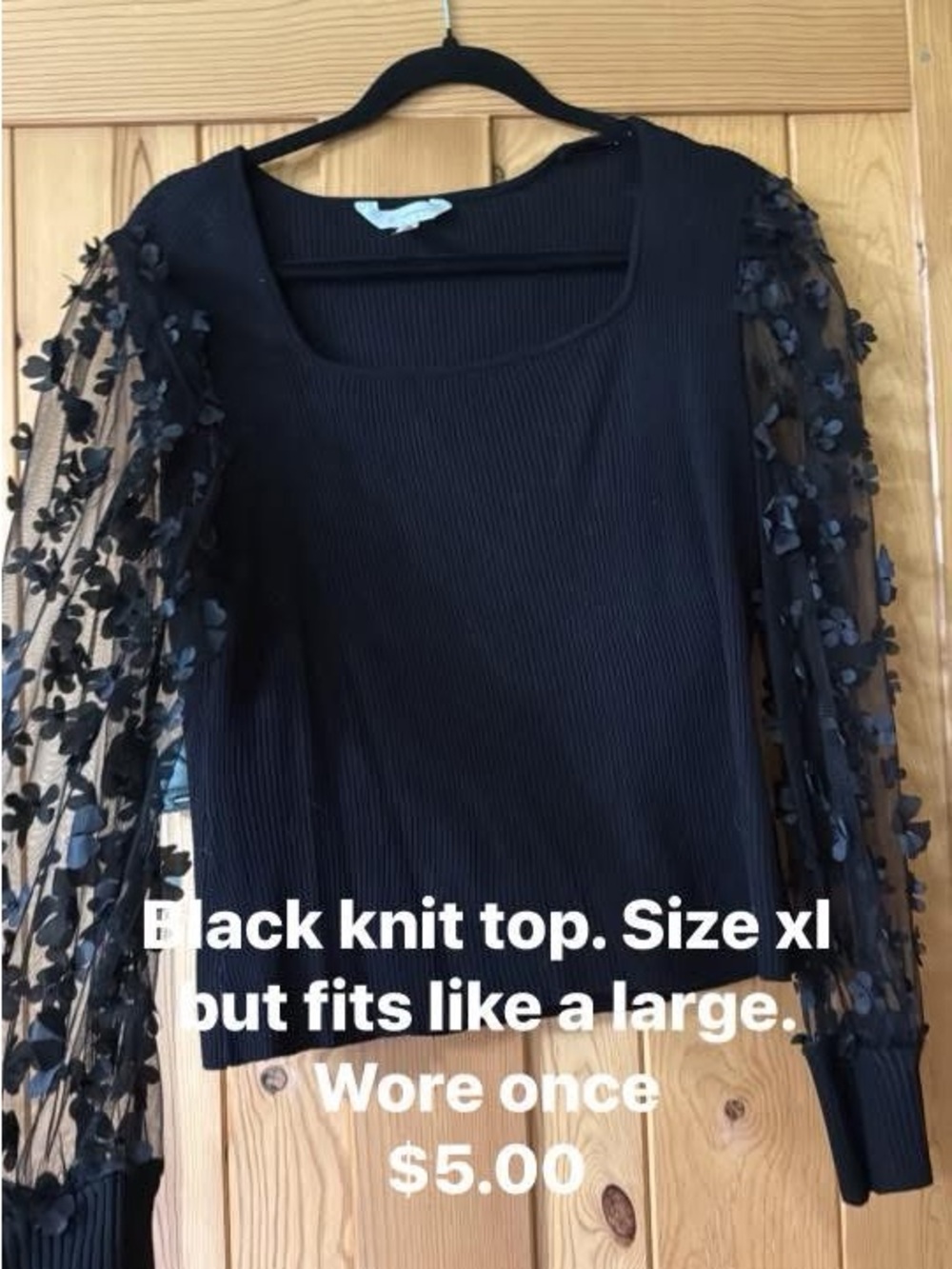 Women's Black Knit Top with Sheer Floral Sleeves